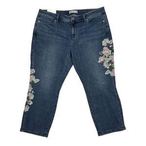 J.Jill Jeans Women 14 P Authentic Fit Cropped‎ Blue Denim Floral Embroidered